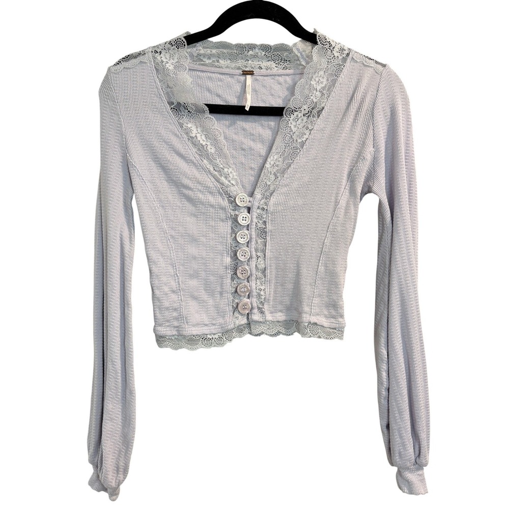 Free People Lavender Lace Trim Thermal Top Womens XS Boho‎ Button Front Crop